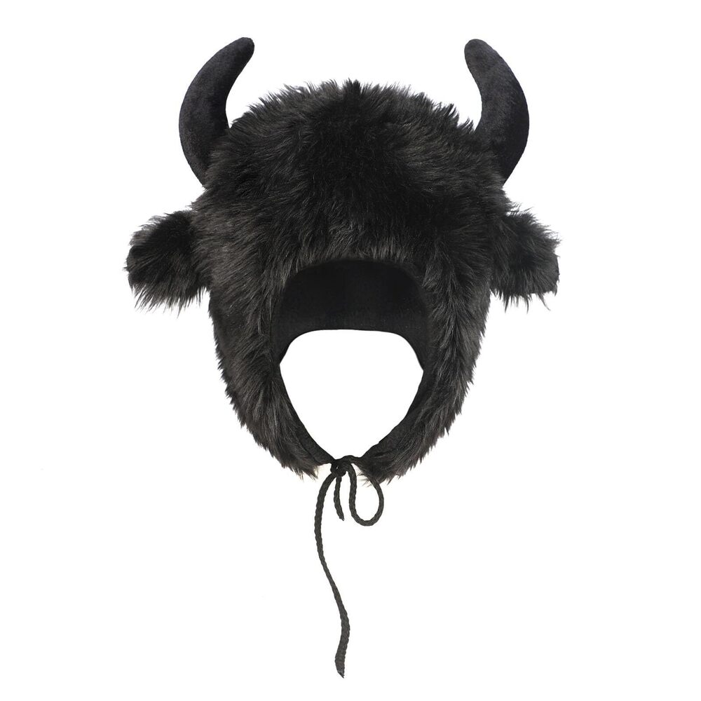 3461 Cute Plush Faux Fur Hood Animal Hat Bull Horn Ears Buffalo Costume